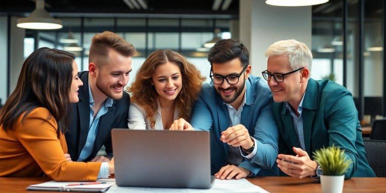 Group of professionals collaborating in a finance office.