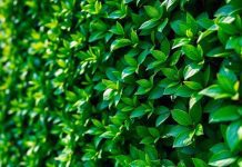 Lush green hedge with sunlight, symbolizing financial stability.