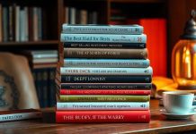 Investment books on a table with a coffee cup.