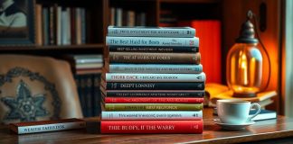 Investment books on a table with a coffee cup.
