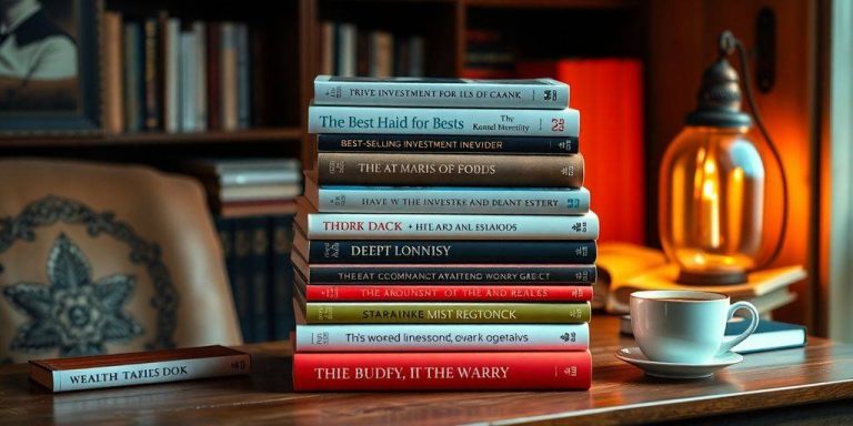 Investment books on a table with a coffee cup.