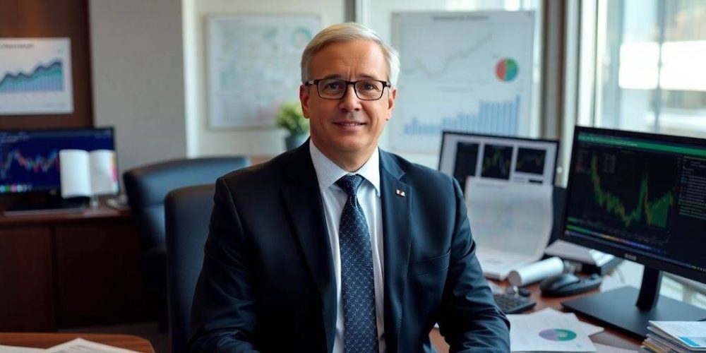 Vanguard CIO in office with financial documents around.