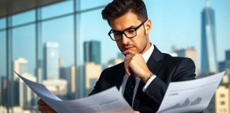 Chief investment officer analyzing financial documents in an office.