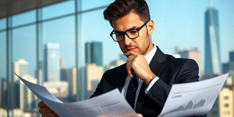 Chief investment officer analyzing financial documents in an office.