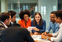 Professionals discussing private equity in a modern office.