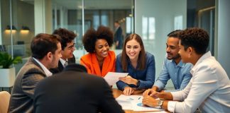 Professionals discussing private equity in a modern office.