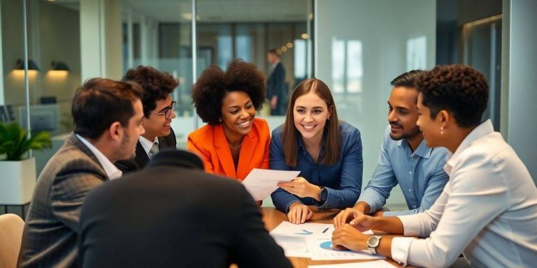 Professionals discussing private equity in a modern office.
