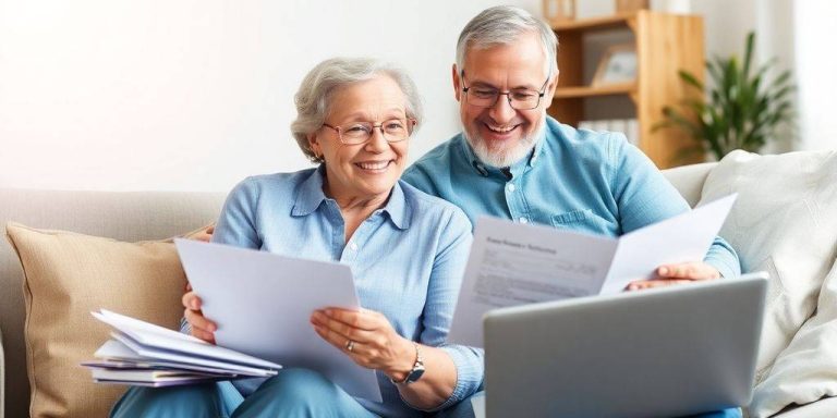 Happy couple discussing retirement plans at home.