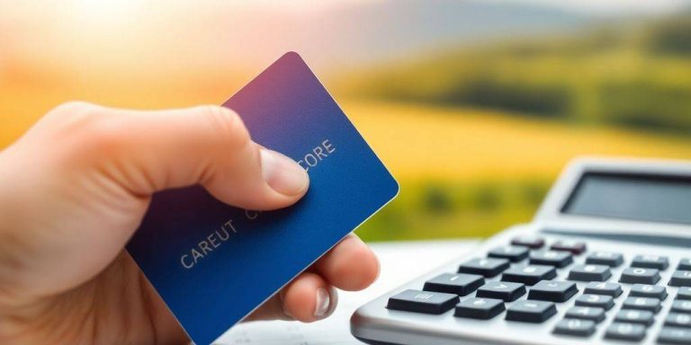 Credit card and calculator on a financial background.