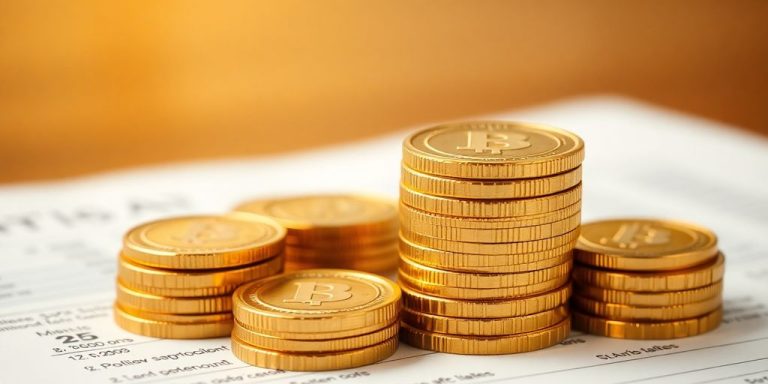 Golden coins stacked on a financial statement.