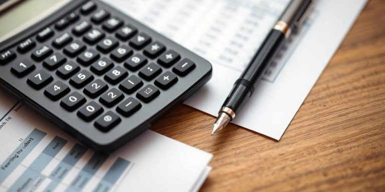 Calculator and documents on a desk for investment analysis.