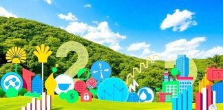 Colorful mutual fund icons over a bright financial landscape.