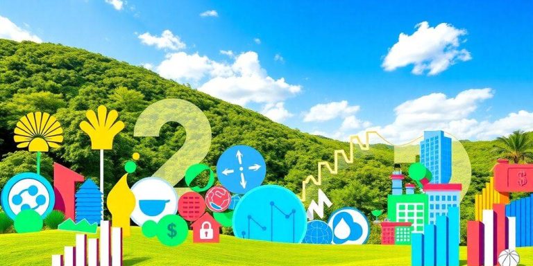 Colorful mutual fund icons over a bright financial landscape.