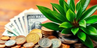 Coins and currency notes with a green plant background.