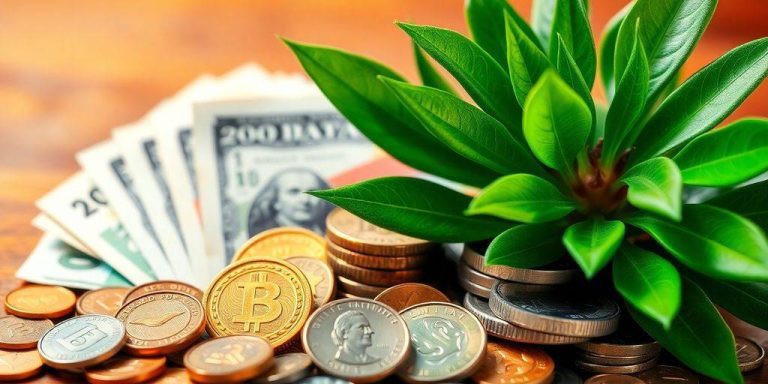 Coins and currency notes with a green plant background.