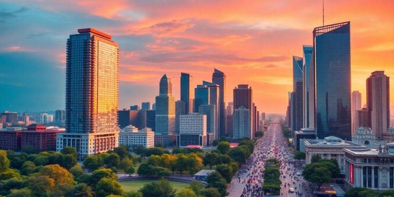 City skyline with modern real estate developments and greenery.