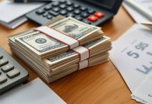 Stack of cash with calculator and financial documents on desk.