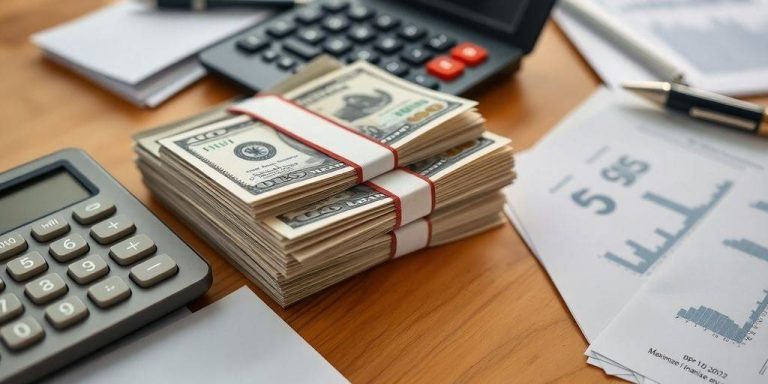 Stack of cash with calculator and financial documents on desk.