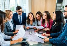 Diverse business team collaborating in a modern office.
