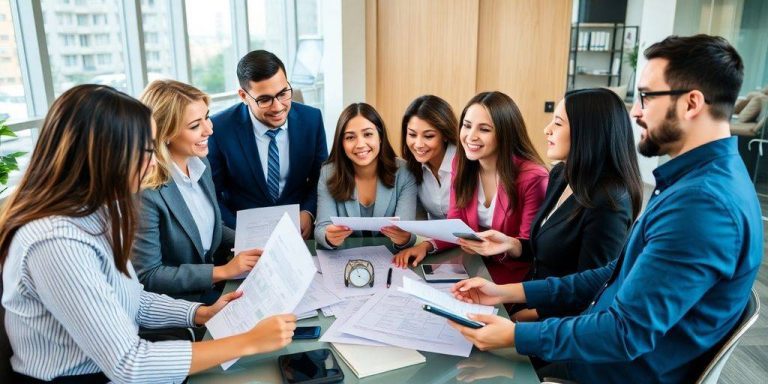 Diverse business team collaborating in a modern office.
