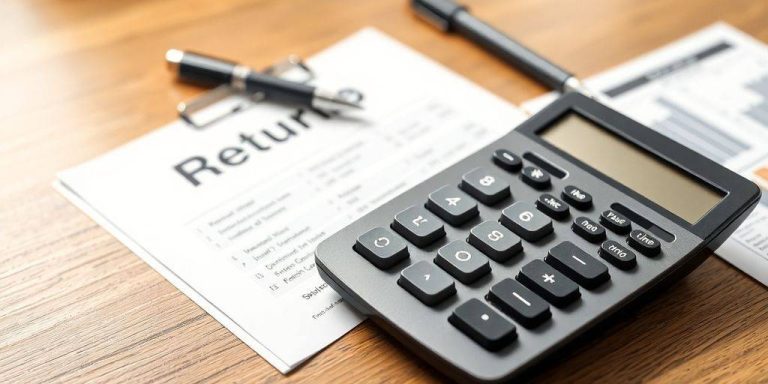 Calculator and financial papers on a wooden desk.
