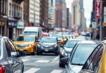New York City street with parked cars and traffic camera.