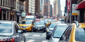 New York City street with parked cars and traffic camera.