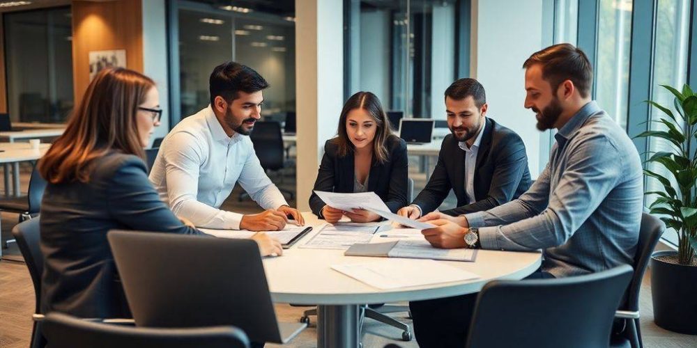 Business team collaborating on investment strategies in office.