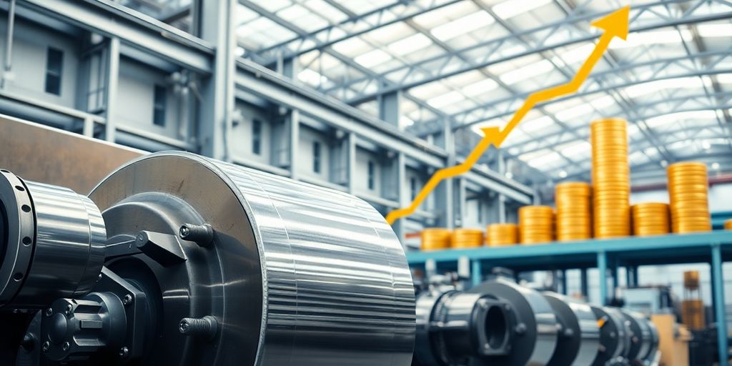 Industrial facility with machinery and financial growth.