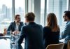 Diverse investors discussing strategies in a bright office.