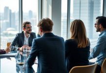 Diverse investors discussing strategies in a bright office.
