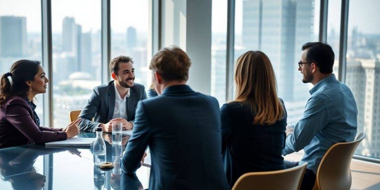 Diverse investors discussing strategies in a bright office.