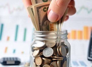 Hand placing cash in a jar for investment purposes.