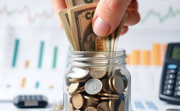 Hand placing cash in a jar for investment purposes.