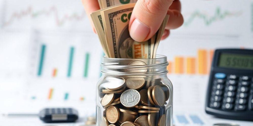 Hand placing cash in a jar for investment purposes.