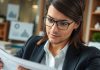 Business professional analyzing financial documents in office setting.