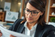 Business professional analyzing financial documents in office setting.