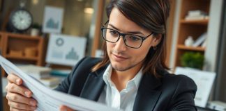 Business professional analyzing financial documents in office setting.