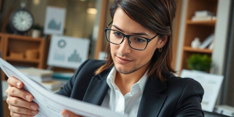 Business professional analyzing financial documents in office setting.