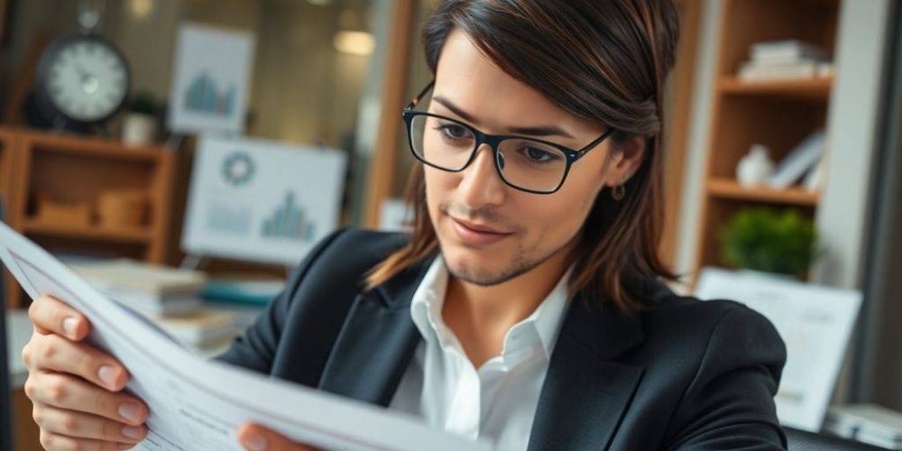 Business professional analyzing financial documents in office setting.