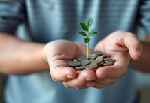 Person holding a small plant and coins in hands.