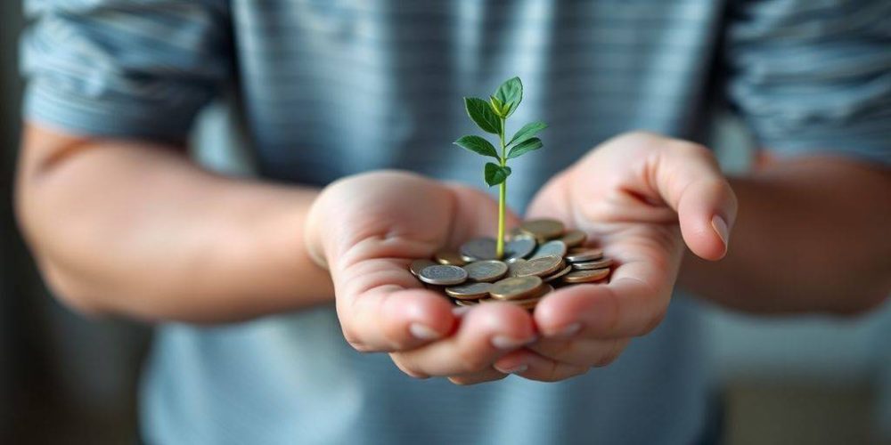 Person holding a small plant and coins in hands.