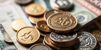 Coins and banknotes arranged to illustrate investment concepts.