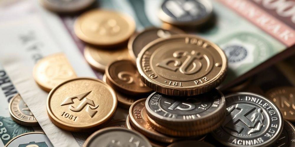 Coins and banknotes arranged to illustrate investment concepts.