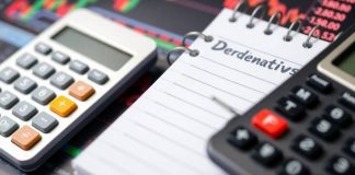 Calculator and notepad focused on financial derivatives concept.