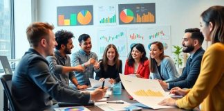 Group of beginners discussing investment strategies in a workspace.