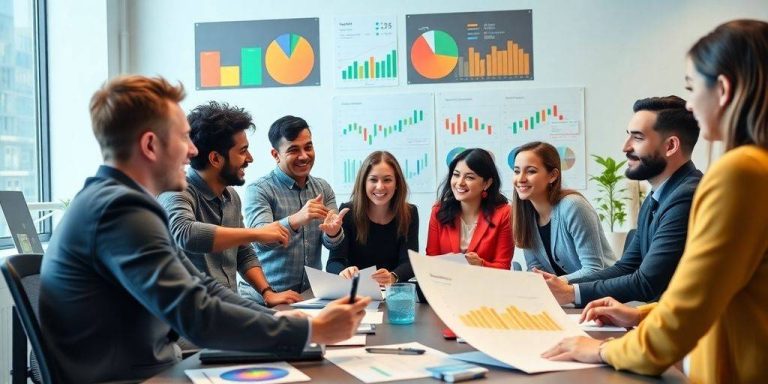 Group of beginners discussing investment strategies in a workspace.