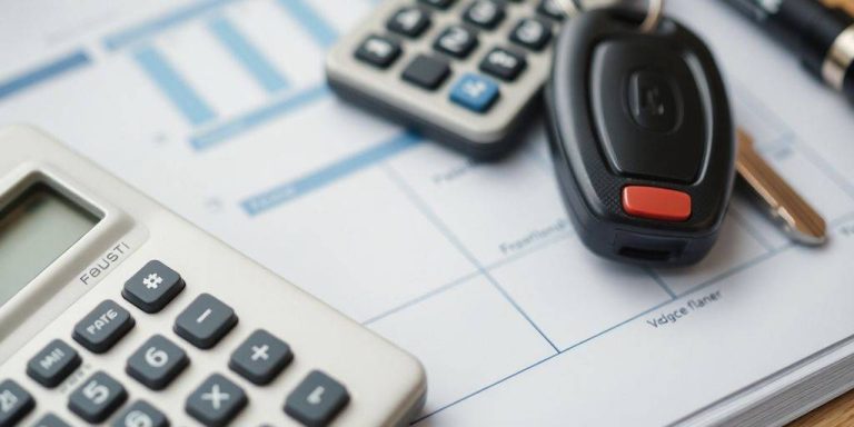 Calculator with vehicle keys on a budget planning surface.