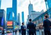 Financial professionals engage in discussion in a bustling city.