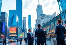 Financial professionals engage in discussion in a bustling city.